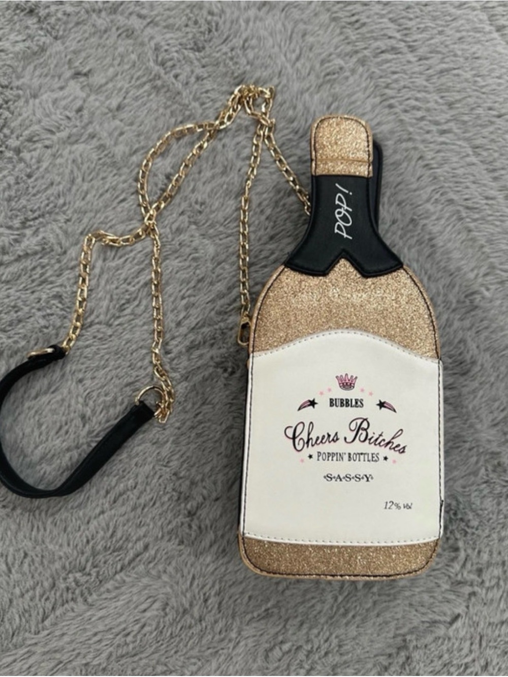 Cheers Bitches Champagne Bottle Crossbody Bag - Gold & White